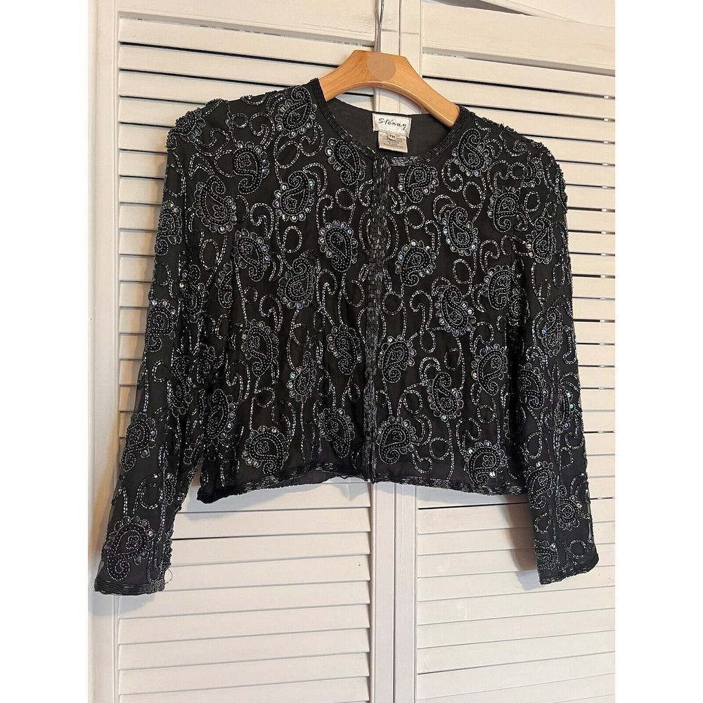 STENAY Women's Size PM Medium Petite Shirt Blouse SILK Beaded VINTAGE Cardigan